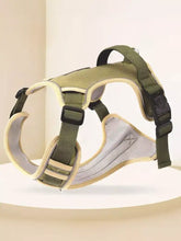 Olive green adjustable reflective pet harness with beige padding, black buckles