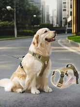 Olive green adjustable reflective pet harness with metal buckles