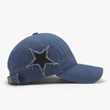 Blue adjustable star raw hem cap with distressed design and black star cutout