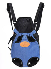 Blauer Denim-Hundeträger-Rucksack mit verstellbaren Trägern, schwarzen Gurten und Netzpaneelen