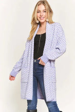 Adora chevron cardigan: light purple zigzag knit sweater with pockets