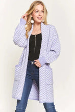 Adora chevron cardigan: light purple and white knit long sleeve sweater with pockets