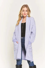 Adora chevron cardigan: light purple and white long-sleeve knit sweater