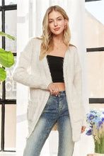 Adora comfy fuzzy sweater cardigan in cream faux fur with black tank and distressed jeans for relaxed fit chilly days