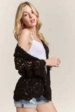 Adora crochet cardigan with black sequins, scallop hem, and delicate crochet detailing