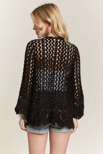 Adora crochet cardigan in black lace with bell sleeves, scallop hem, delicate crochet detailing