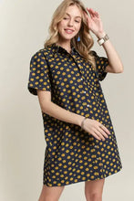 Adora floral button-up mini denim dress in navy blue with short sleeves and a yellow flower pattern