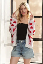 Adora Fuzzy Heart Cardigan Sweater with red heart pattern and fuzzy heart buttons