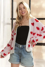 Adora fuzzy heart cardigan with red hearts and white trim