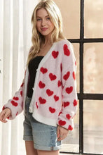Adora fuzzy heart cardigan with red hearts and fuzzy heart buttons