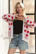 White Adora Fuzzy Heart Cardigan Sweater with Red Hearts