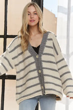 Adora horizontally striped button-up cardigan in cream and gray for easy layering