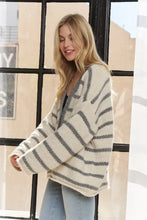 Adora horizontally striped button-up cardigan in cream and gray, cozy oversized sweater for easy layering