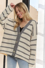 Adora horizontally striped button-up cardigan in light gray and white for easy layering