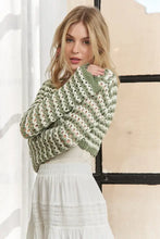 Adora long sleeves crochet knit sweater in green and white stripes