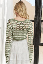 Adora long sleeves crochet knit crop top in olive green and white stripes