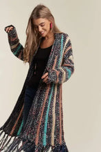 Adora multi colour long striped knit cardigan with fringe trim