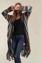 Adora multi colour long striped knit cardigan sweater with fringe hem