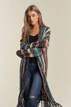 Adora multi colour long striped knit cardigan sweater with fringe hem