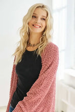 Adora popcorn knit long sleeve cardigan in pink open front with textured layers