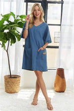 Blue cotton mini denim dress with v-neckline and short flutter sleeves adora v-neck half sleeve mini denim dress