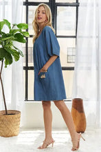 Blue denim dress adora v-neck with short flutter sleeves and relaxed fit mini denim style for casual wear