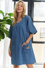 Adora v-neck half sleeve soft blue denim dress with tassel pocket details mini denim dress