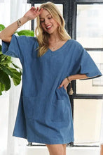 Blue adora v-neck mini denim dress with wide half sleeves and front pockets made of denim material