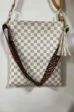 Adored PU leather shoulder bag with white gray checkered design and leopard print strap
