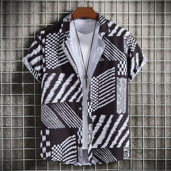 Men's Plus Size Geometric Pattern Short Sleeve Button-Up Shirt Black