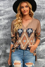 Brown Western Print Buttoned V Neck Top Woman T Shirts