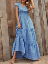 Printed V-Neck Ruffled Cap Sleeve Maxi Dress Sky Blue