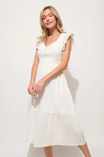 And The Why Ruffle Sleeve Front Smocked Tiered Midi Dress Off White Casual Dresses