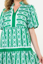 Abstract Patterned V Neck Puff Short Sleeve Mini Dress Casual Dresses