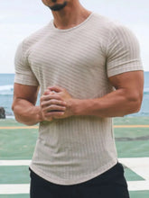 Men's Round Neck Short Sleeve Striped T-Shirt Light Gray