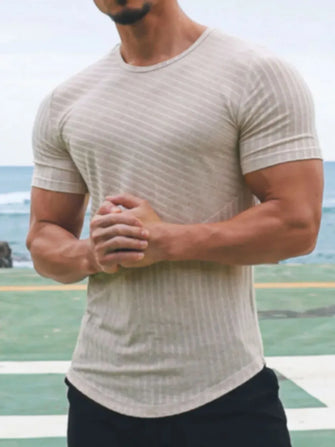 Men's Round Neck Short Sleeve Striped T-Shirt Light Gray