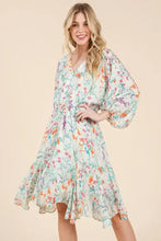 Lime 'N' Chili Floral Cinched Waist Balloon Sleeve V-Neck Dress IVORY FLORAL Casual Dresses