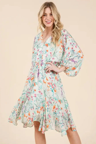 Lime 'N' Chili Floral Cinched Waist Balloon Sleeve V-Neck Dress IVORY FLORAL Casual Dresses