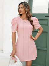 Eyelet Round Neck Puff Short Sleeve Mini Dress