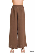 Brown zenana woven airflow wide-leg pants with textured fabric and elastic waistband for comfortable wear
