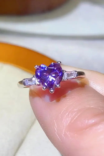1 Carat Moissanite Heart-Shaped Platinum-Plated Ring in Purple Purple Rings