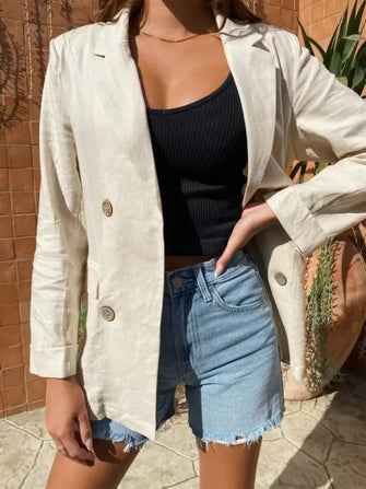 Lapel Collar Long Sleeve Blazer Beige Woman Outerwear