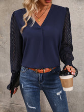 Perfee V-Neck Long Mesh Sleeve Top Woman Blouses
