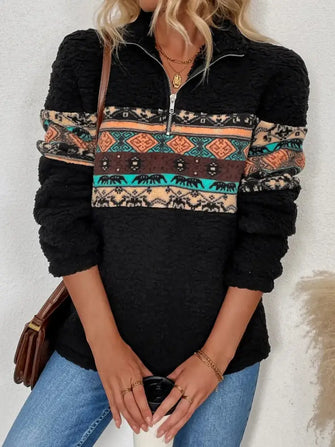 Quarter Zip Geometric Long Sleeve Sweatshirt Black Woman Sweatshirts