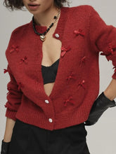Bow Button Up Long Sleeve Cardigan Red One Size