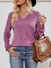 V-Neck Ribbed Long Sleeve Top Woman Blouses