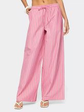 Pink and white striped wide leg pants with drawstring waistband made from lightweight fabric for casual wear