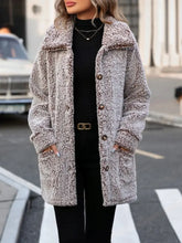 Pocketed Collared Neck Long Sleeve Plush Jacket Taupe Casual Dresses
