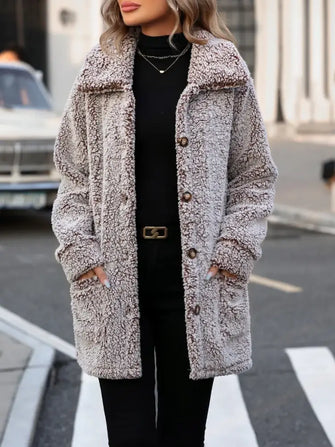 Pocketed Collared Neck Long Sleeve Plush Jacket Taupe Casual Dresses