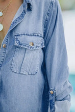 Pocketed Collared Neck Long Sleeve Denim Top Woman Denim Tops